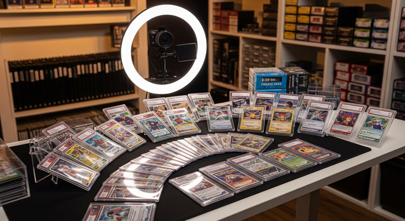 Professional trading card seller livestreaming on Whatnot with graded sports cards and Pokemon cards displayed