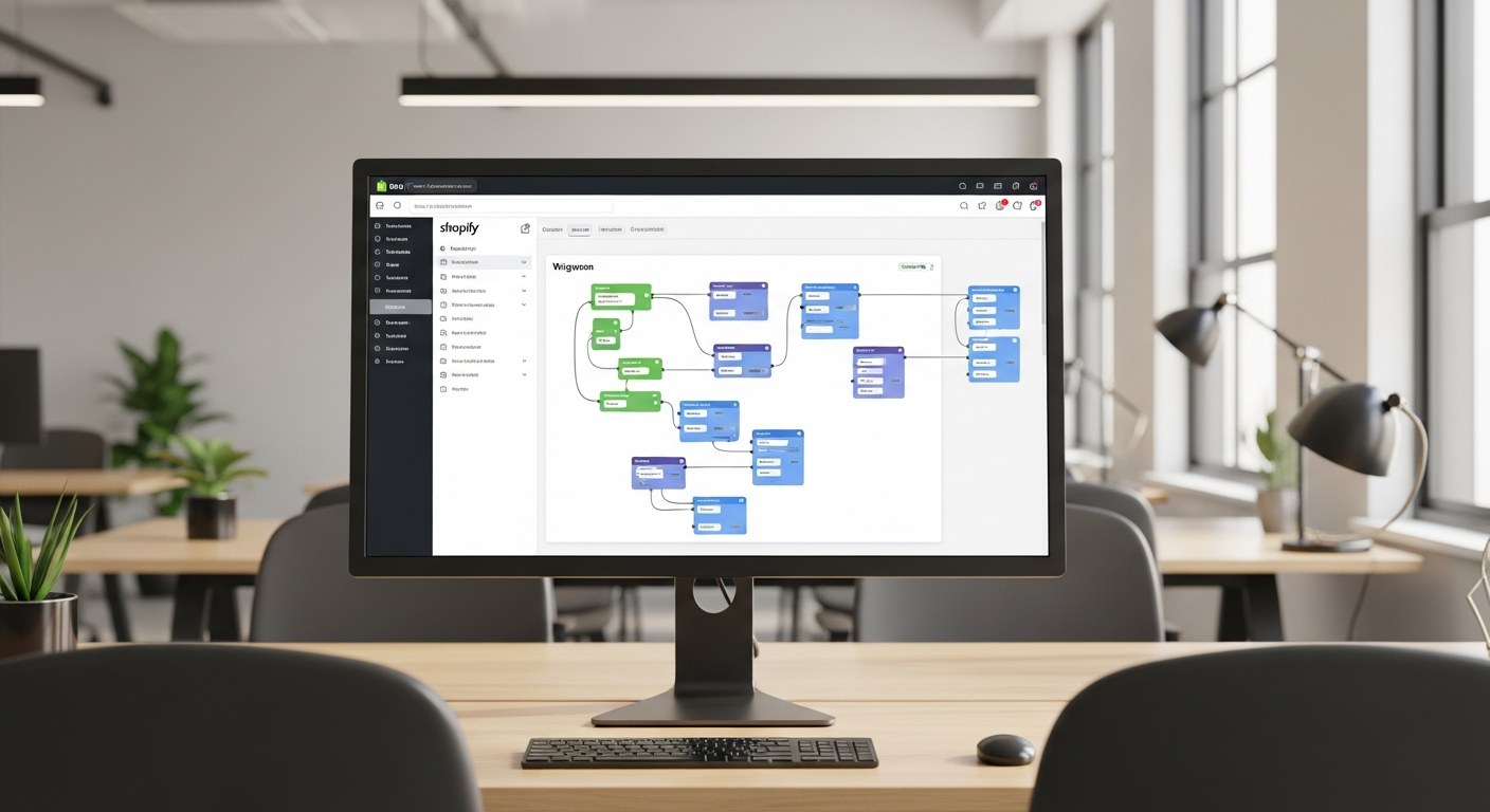 Shopify Flow automation workflow diagram showing triggers and actions for ecommerce store automation