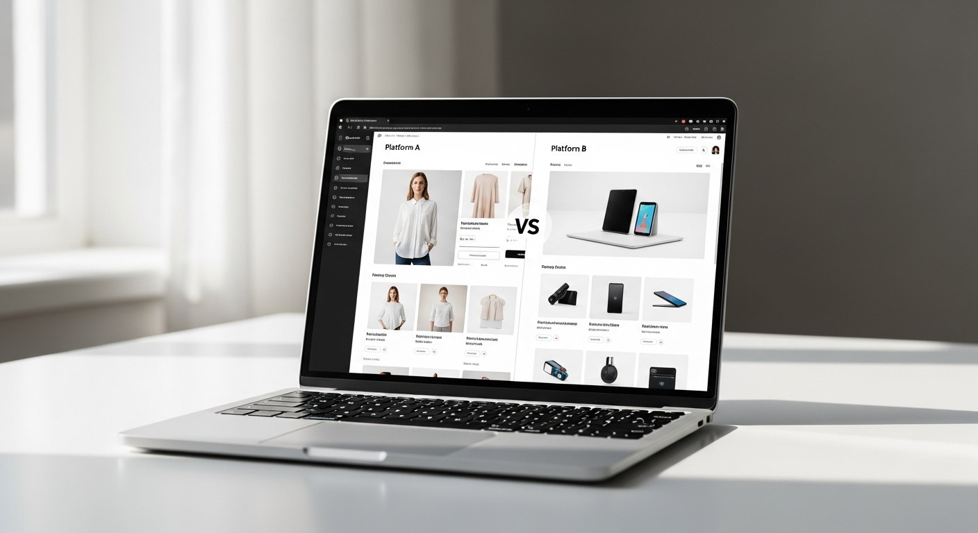 TikTok Shop vs Shopify ecommerce strategy comparison on a laptop screen in a clean office setting