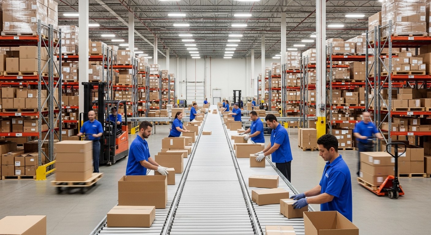 Modern warehouse fulfillment center with workers packing shipping boxes for ecommerce fulfillment strategy