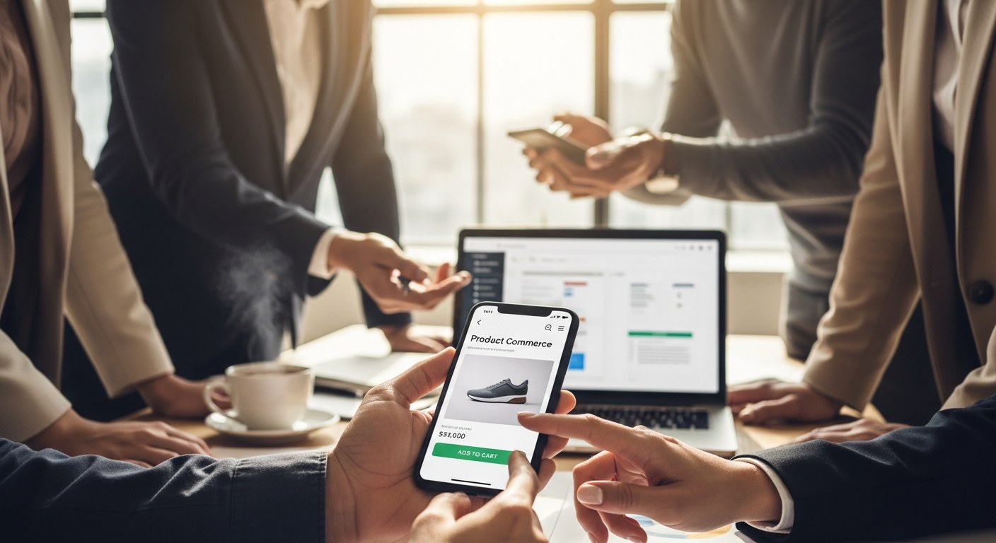 Professional product team reviewing a mobile commerce app on a smartphone in a modern office setting