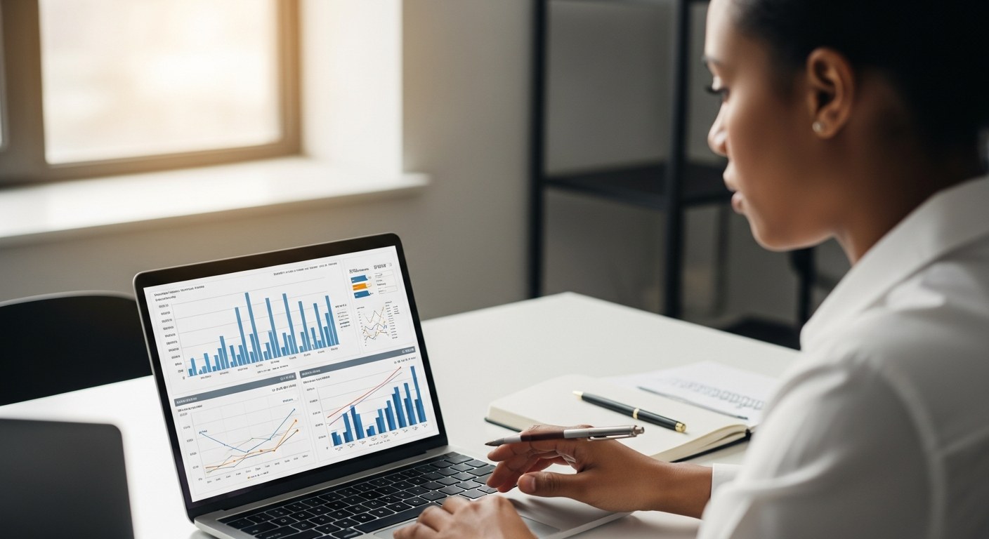Business professional reviewing ecommerce profitability metrics and LTV CAC ratio charts on a laptop