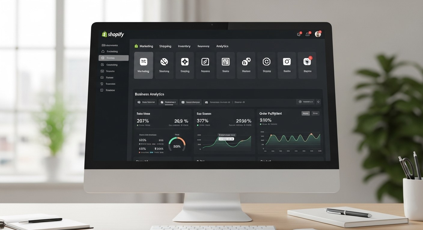 Shopify app stack dashboard showing organized app categories for ecommerce growth on a modern computer screen
