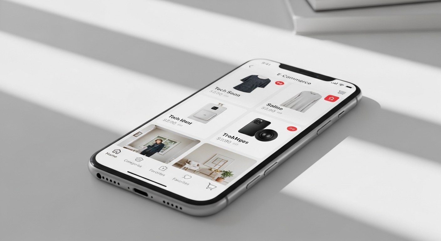 Ecommerce mobile app development 2026 — smartphone showing a branded shopping app interface on a clean desk