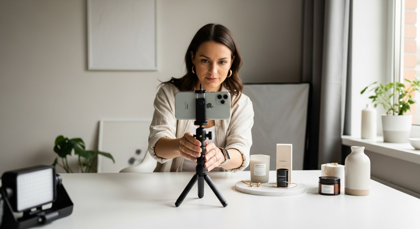 Ecommerce brand filming short-form video content on a smartphone for TikTok and Instagram Reels