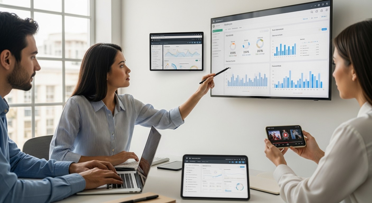Ecommerce video ad creative framework on a smartphone screen with performance metrics dashboard