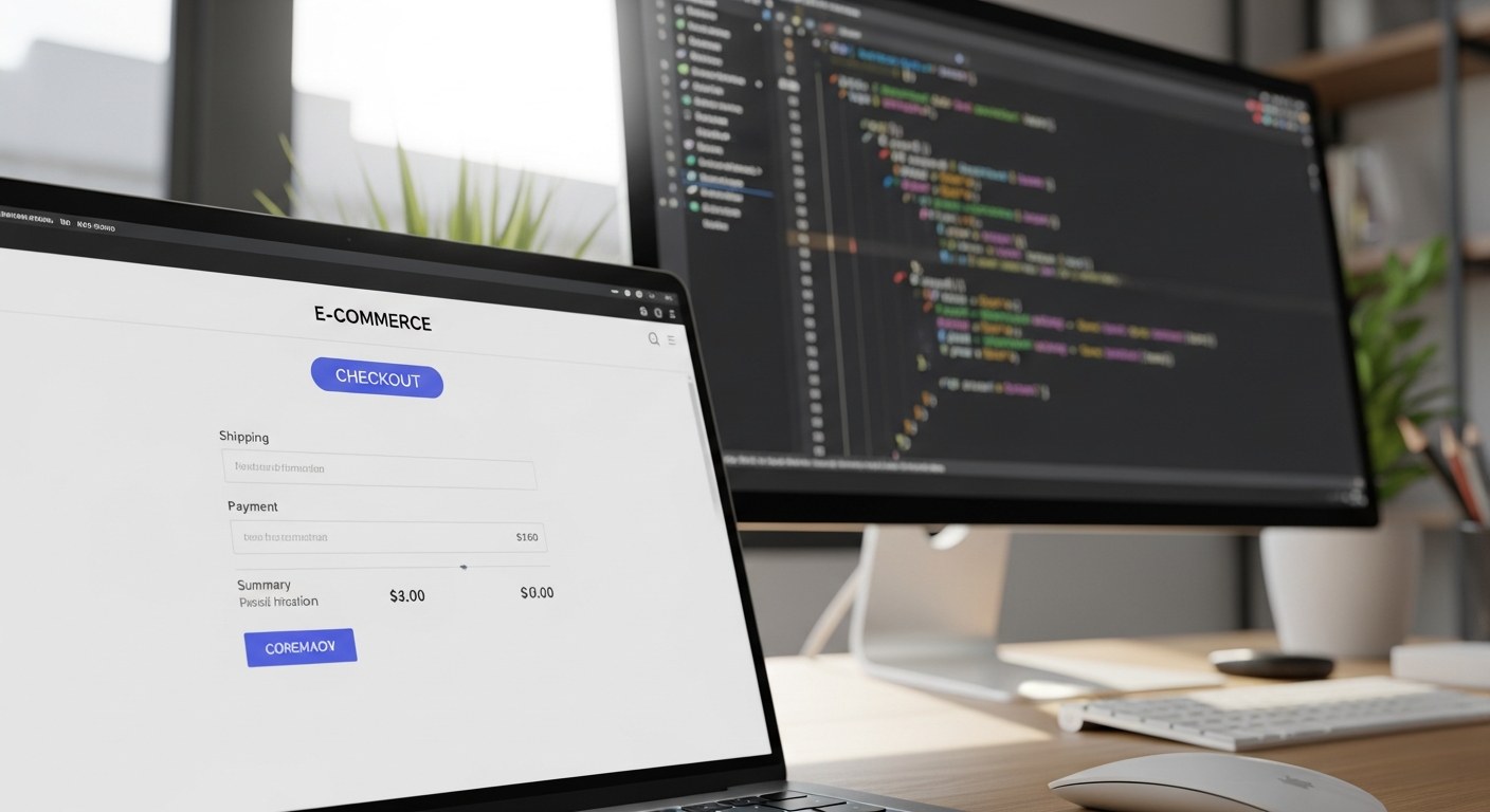 Developer working on Shopify Functions custom checkout logic on laptop in modern office
