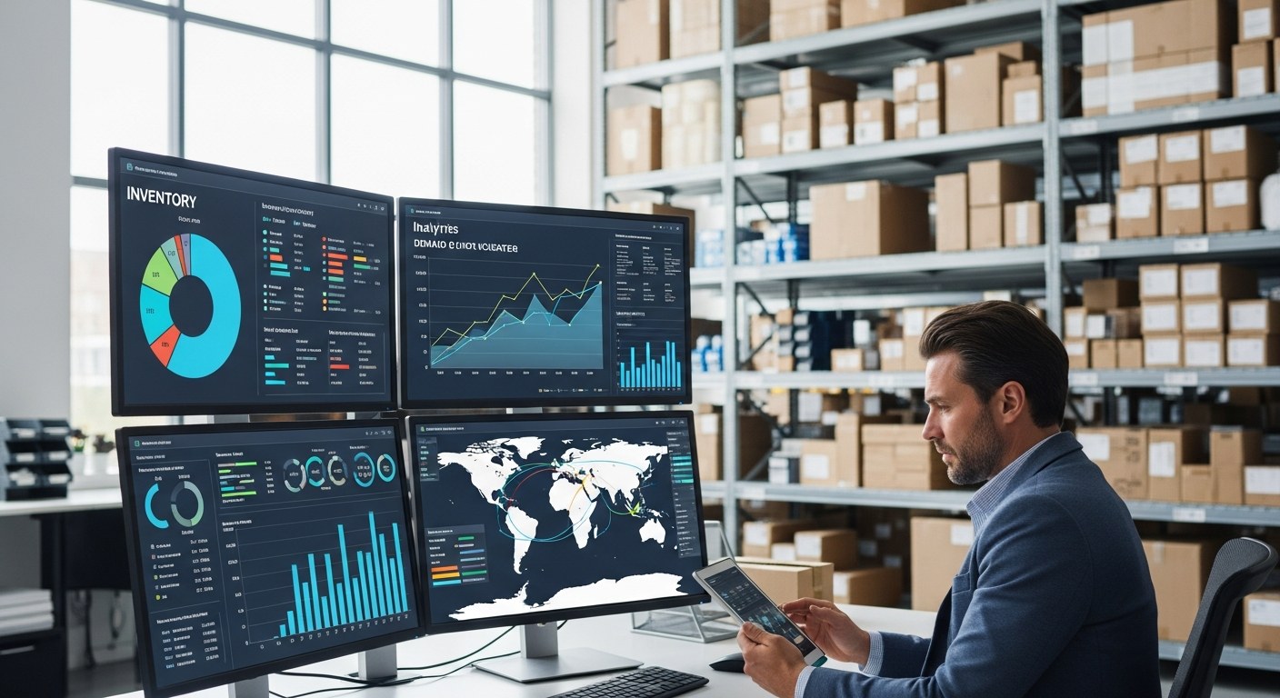 Ecommerce warehouse manager reviewing AI demand forecasting dashboard on tablet