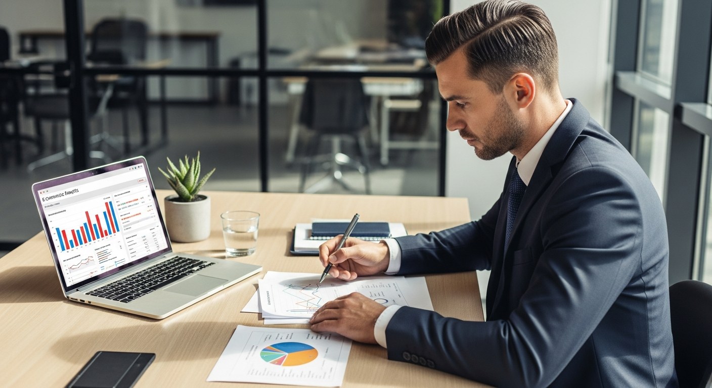 Ecommerce entrepreneur reviewing brand valuation documents for DTC exit strategy