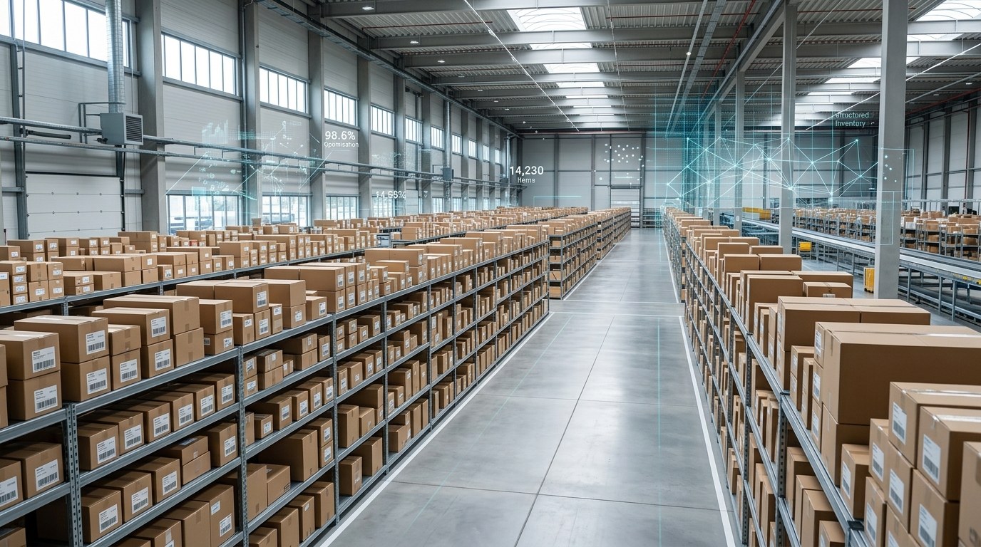 Organized ecommerce product catalog with structured data overlay representing AI shopping agent product discovery