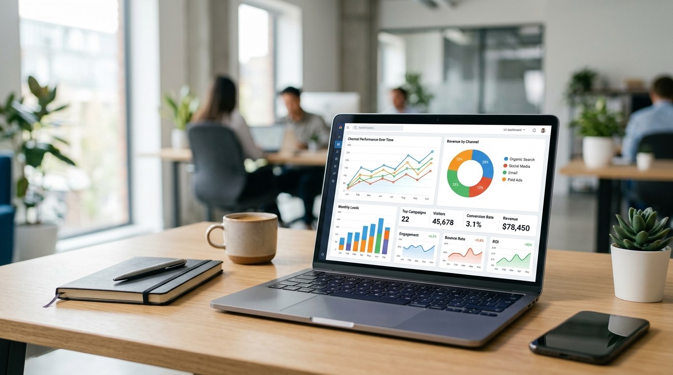 Shopify Campaign Autopilot multi-channel AI marketing dashboard on a laptop screen