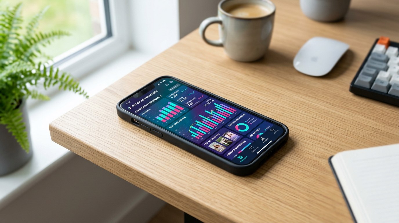 TikTok Smart+ campaigns ecommerce guide showing ad performance dashboard on a laptop