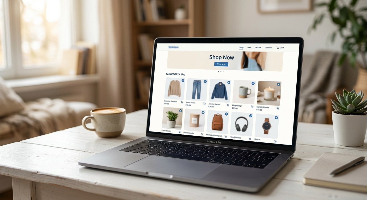 Shopify storefront on laptop showing personalized product recommendations and dynamic homepage sections