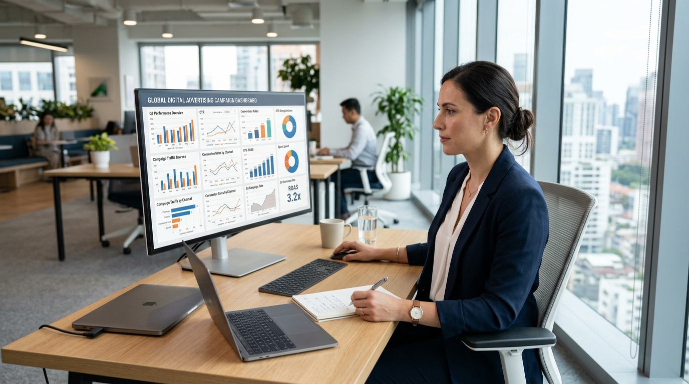 Marketing analyst reviewing Meta Ads Manager reporting dashboard with breakdown data on monitor