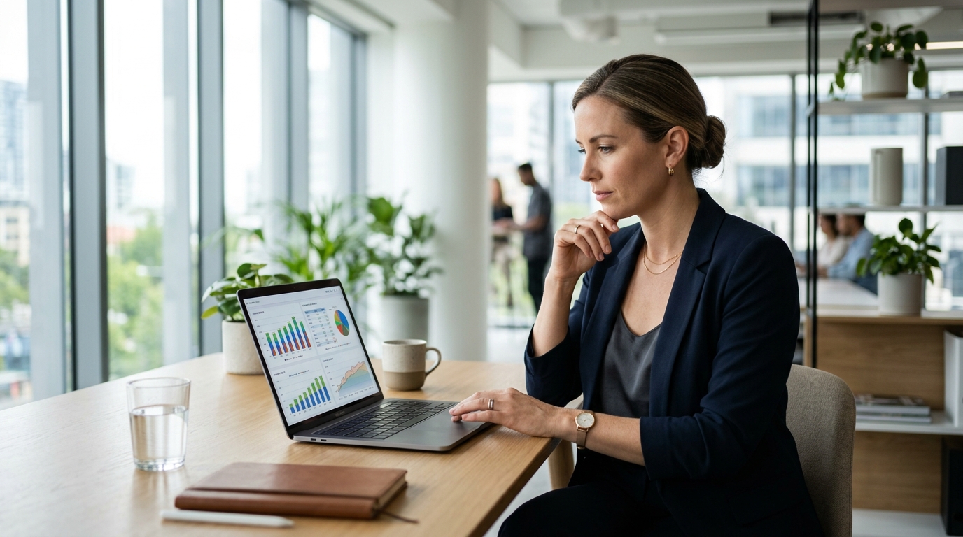 DTC brand founder reviewing profitability metrics and contribution margin P&L on a laptop