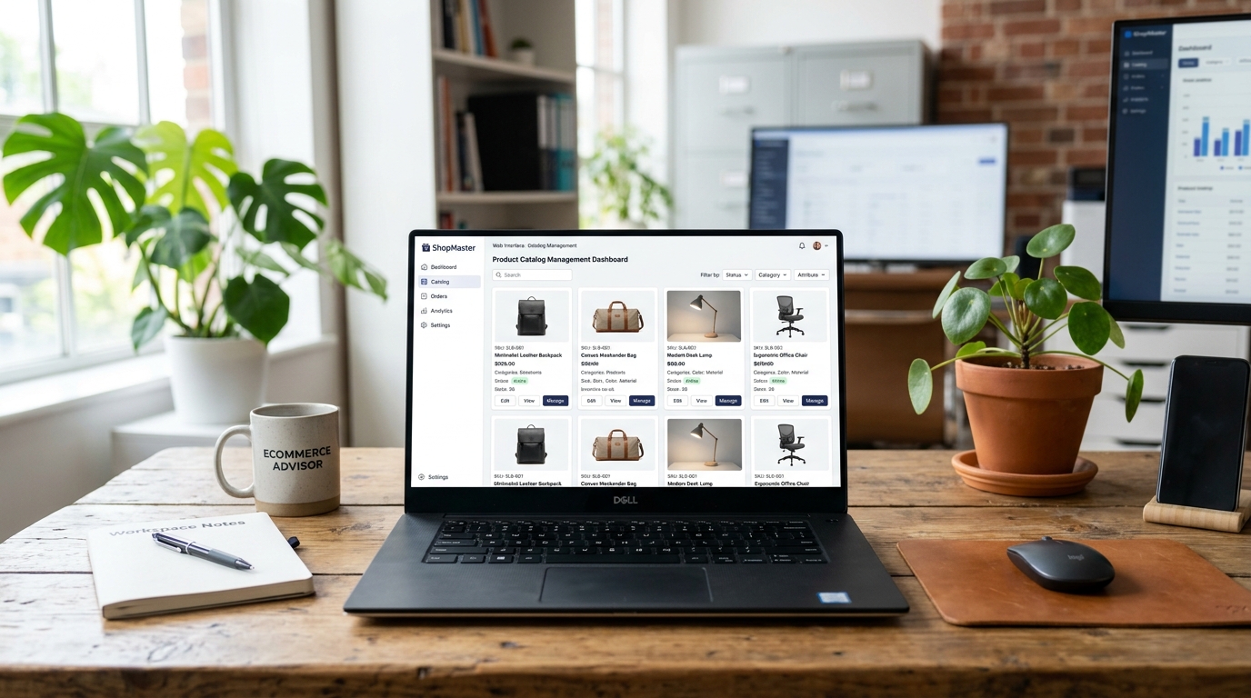 Organized ecommerce product catalog data on a laptop screen with AI search interface overlay showing clean product feed optimization