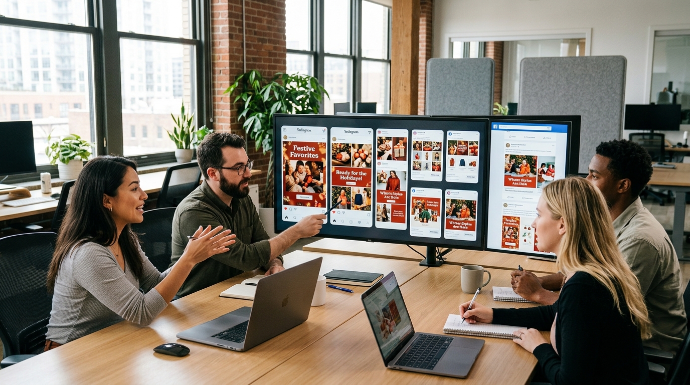 Ecommerce brand team reviewing Q4 ad creative assets on large monitor for holiday season campaign