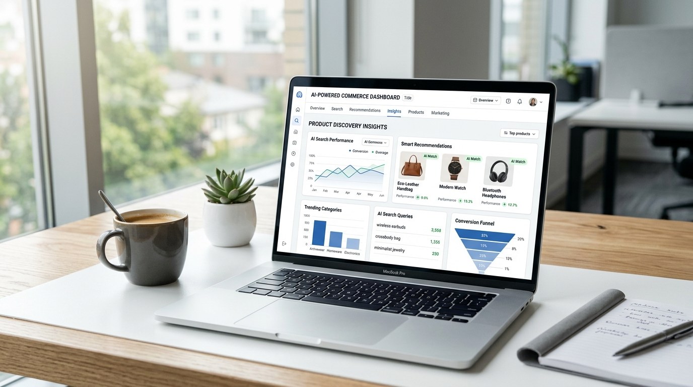Modern ecommerce storefront with AI interface overlay showing shopify agentic storefronts product discovery and automated checkout flow