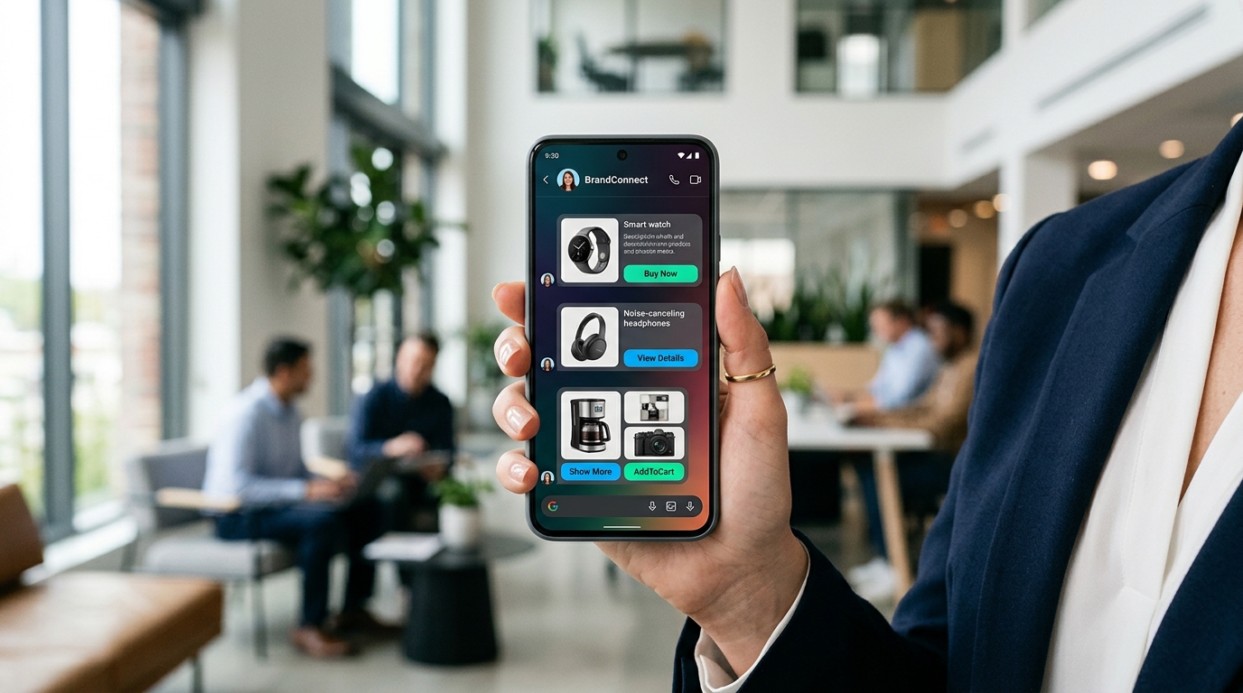 Smartphone screen displaying Klaviyo RCS messaging interface with rich interactive buttons for ecommerce brand