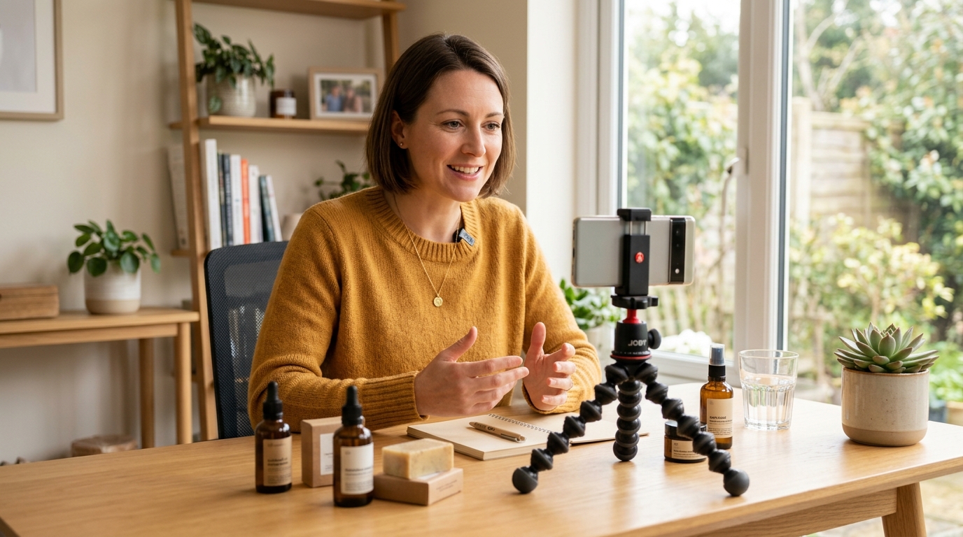 Ecommerce founder recording founder-led content strategy video for Meta and TikTok ads