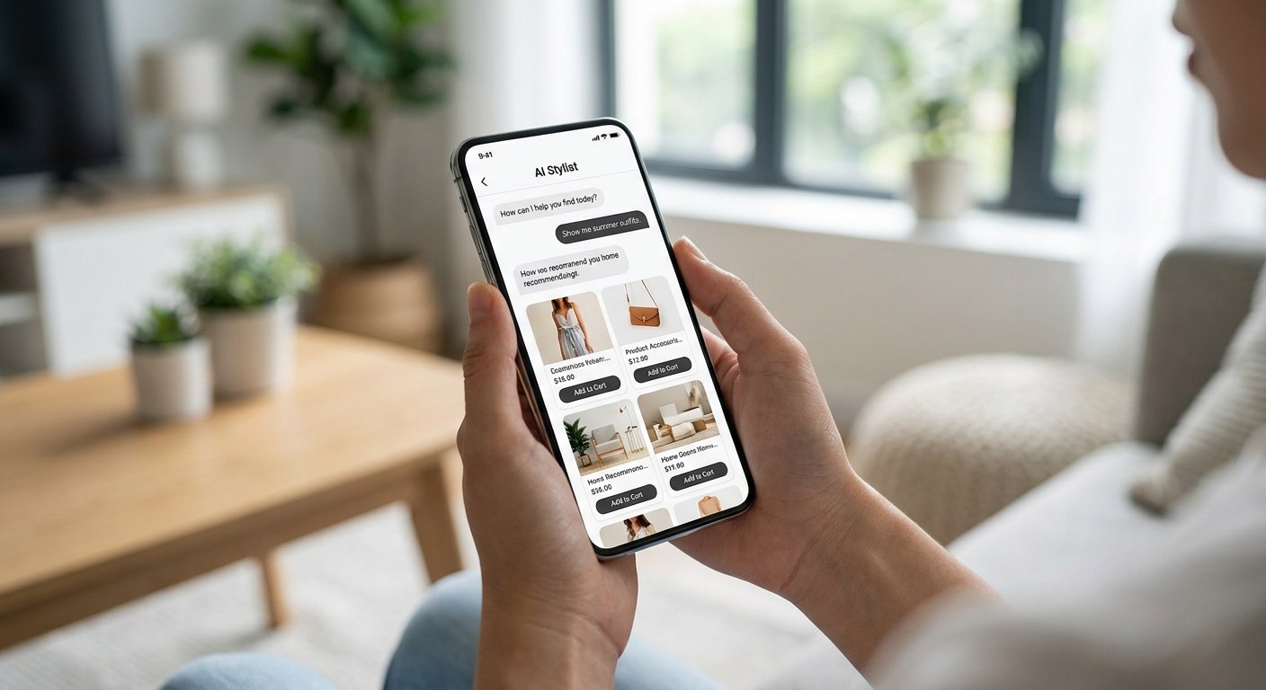 Mobile ecommerce app displaying an AI chat interface for conversational commerce product discovery