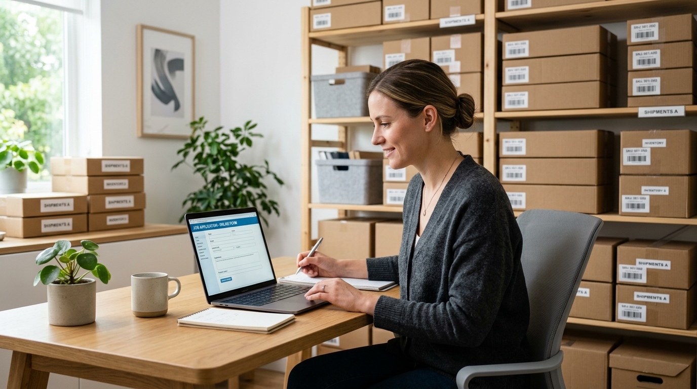 Seller reviewing a laptop application form with product inventory visible in the background — how to get approved sell on whatnot 2026