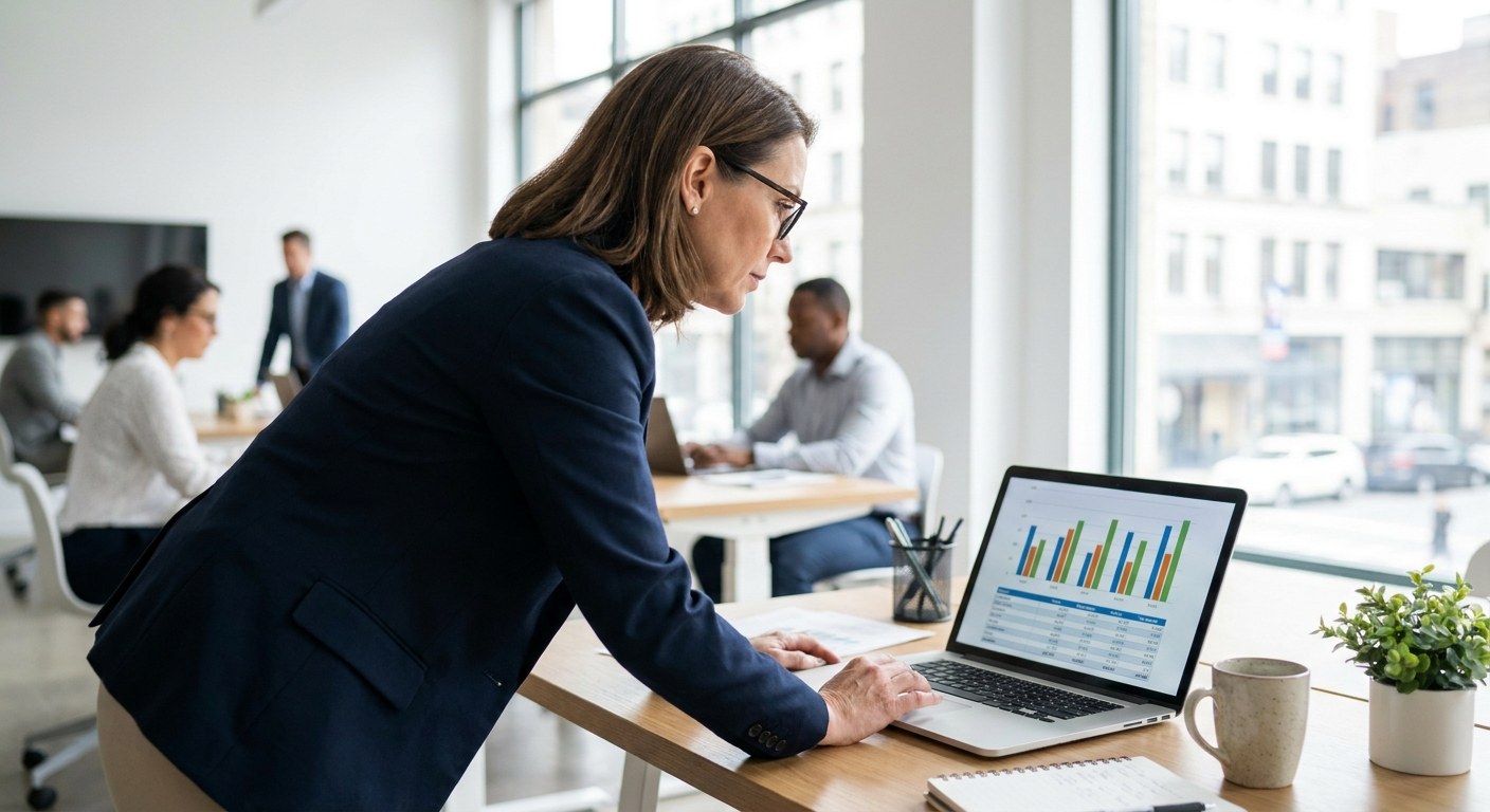 Ecommerce brand founder reviewing customer acquisition cost data and growth metrics on a laptop in a modern office
