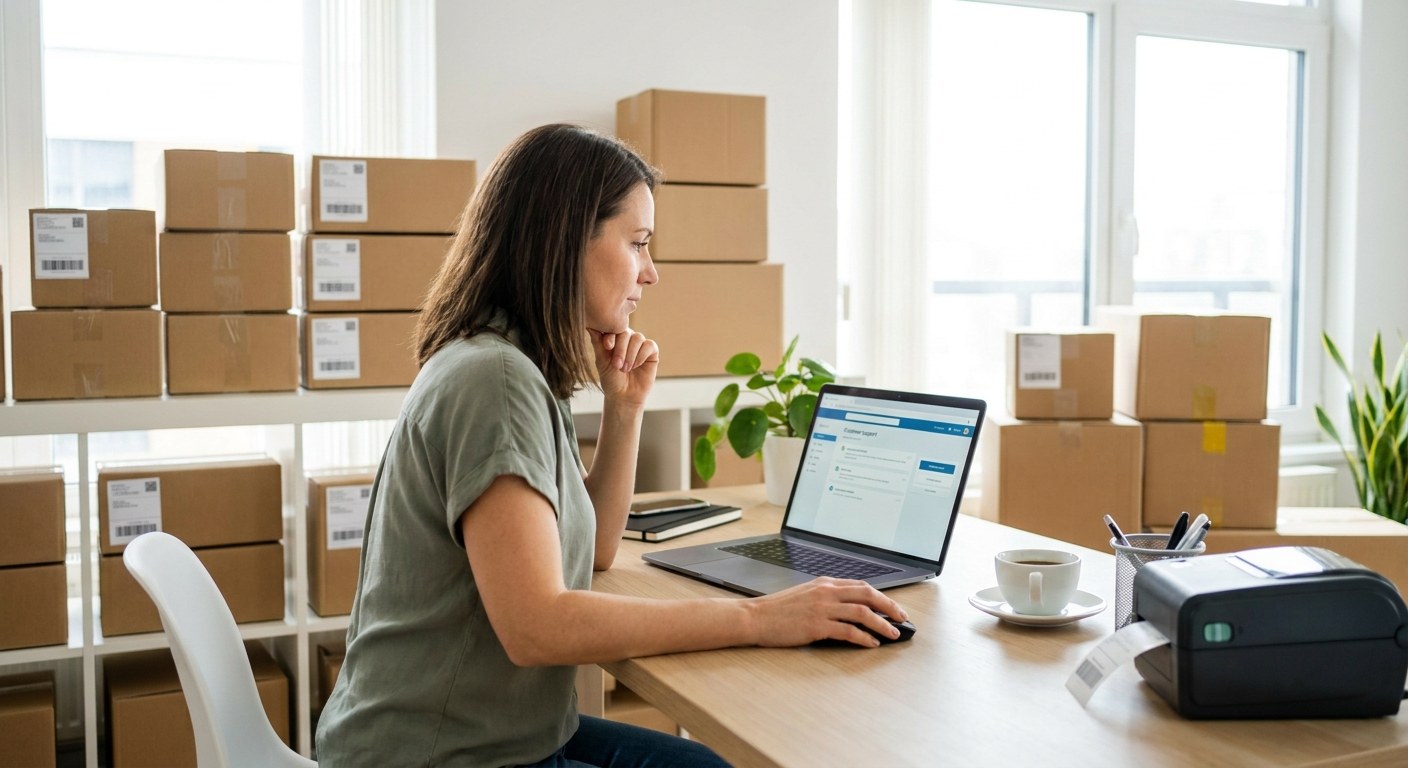 Whatnot seller managing customer support and order fulfillment from a professional workspace