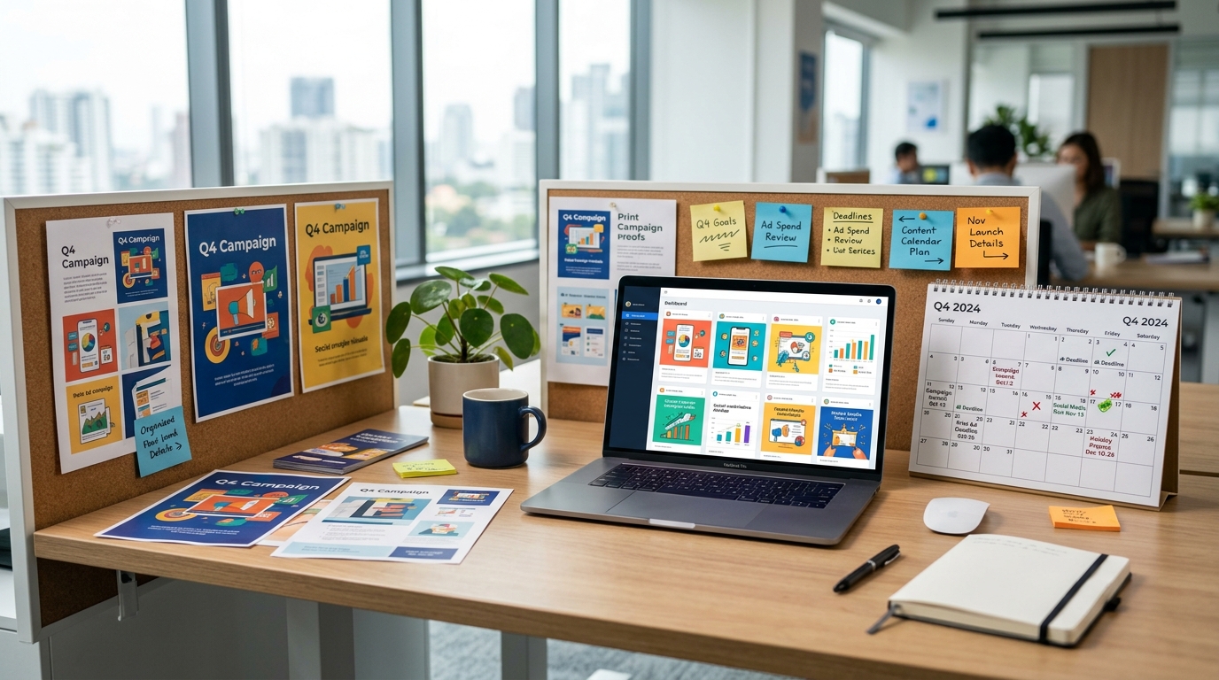 Q4 ad creative strategy for ecommerce brands — organized creative assets on a marketing workspace