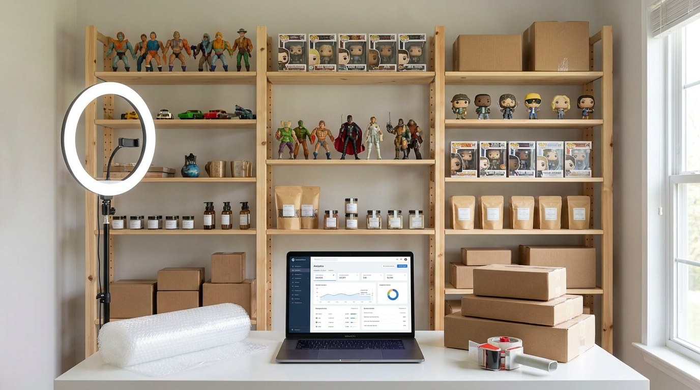 Professional live seller workspace with organized inventory and shipping setup for Whatnot Premier Shop program compliance