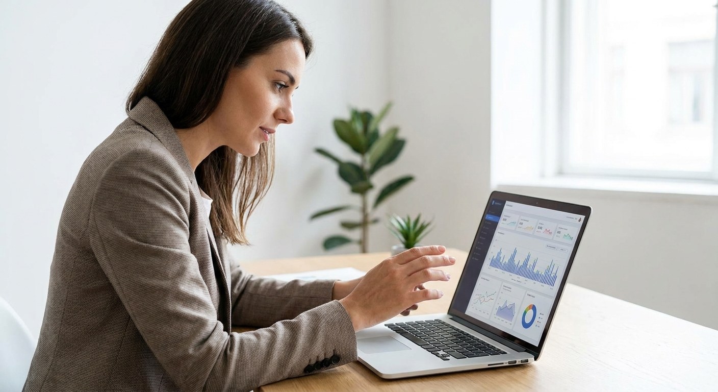 Shopify merchant using AI assistant dashboard on laptop in modern ecommerce office