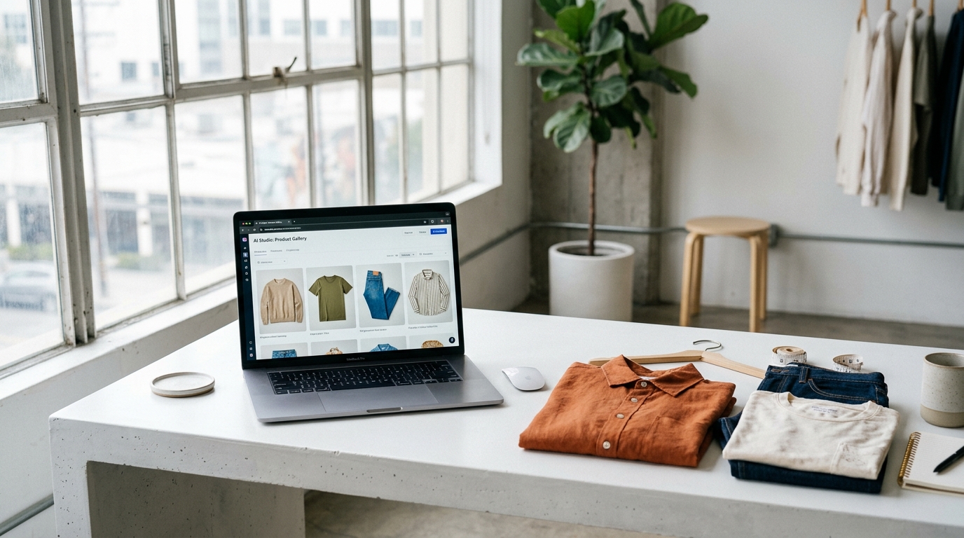 AI product photography tools generating ecommerce product images on a laptop screen