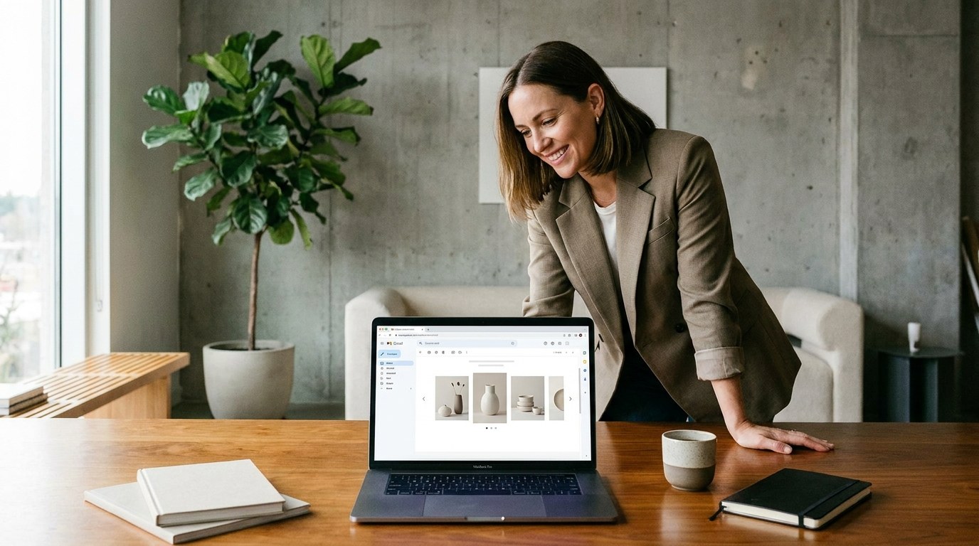 Laptop displaying a vibrant interactive email with a product carousel for an ecommerce brand