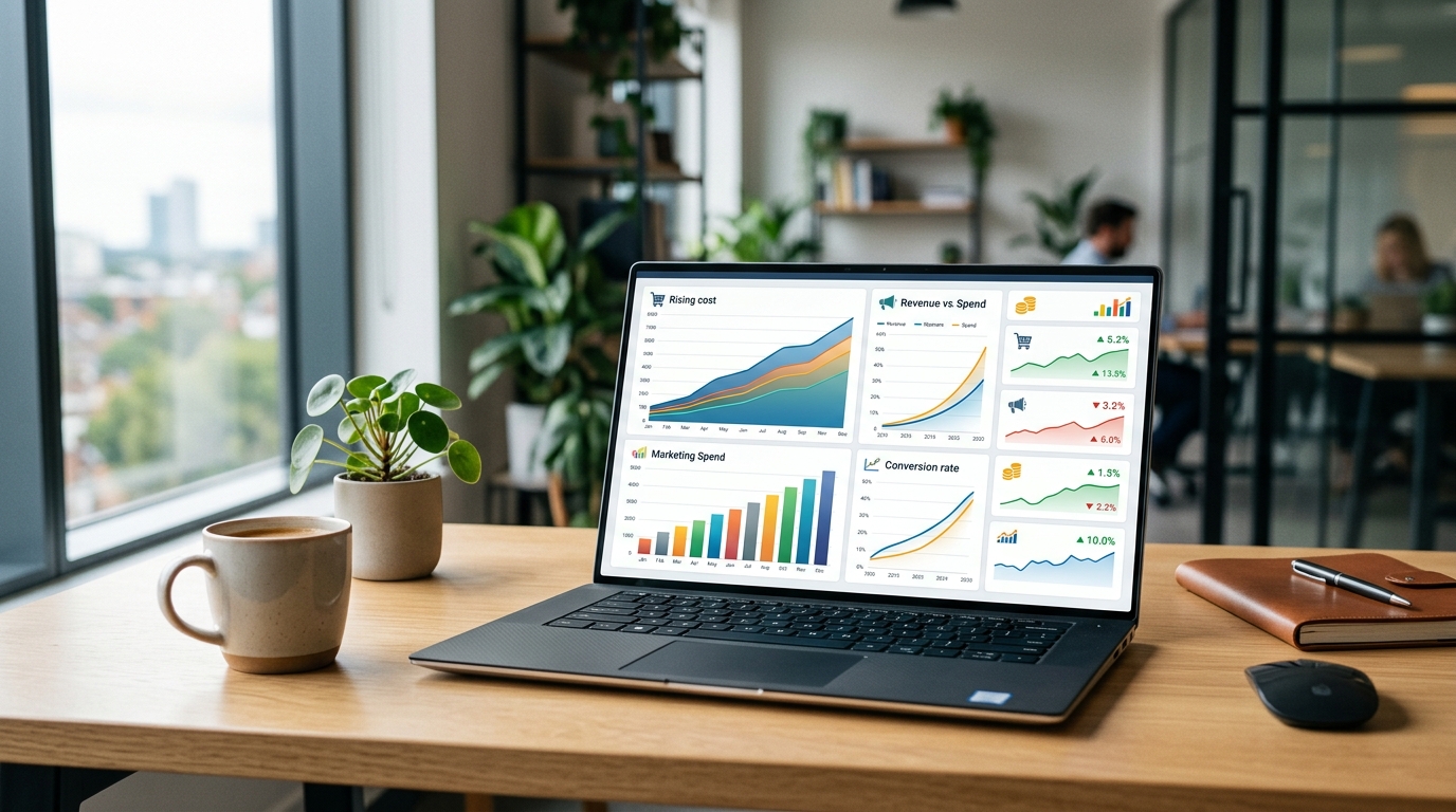 Ecommerce brand analytics dashboard showing rising customer acquisition cost metrics and marketing spend data