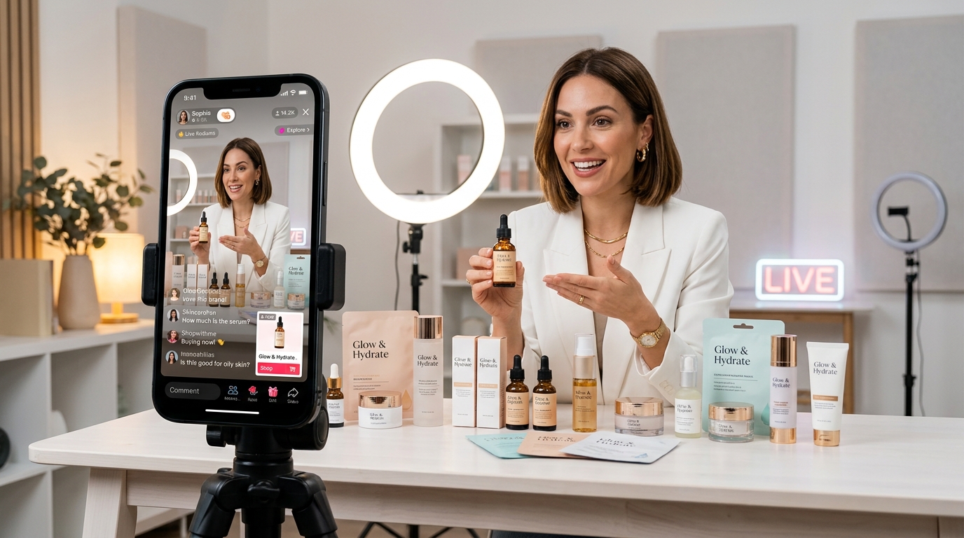 Ecommerce brand running a TikTok LIVE shopping session with products displayed on camera