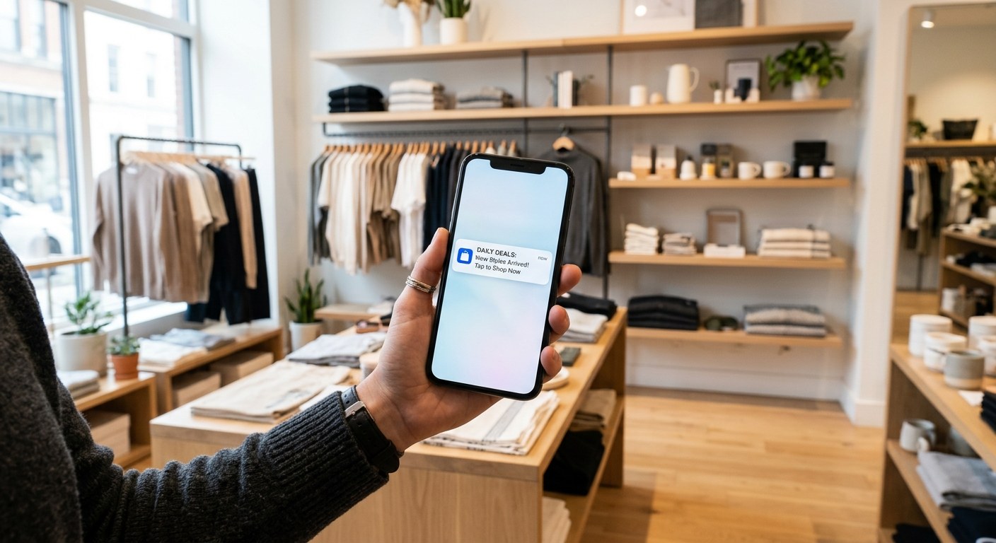 Smartphone displaying ecommerce app push notification with product offer — ecommerce app push notifications revenue strategy