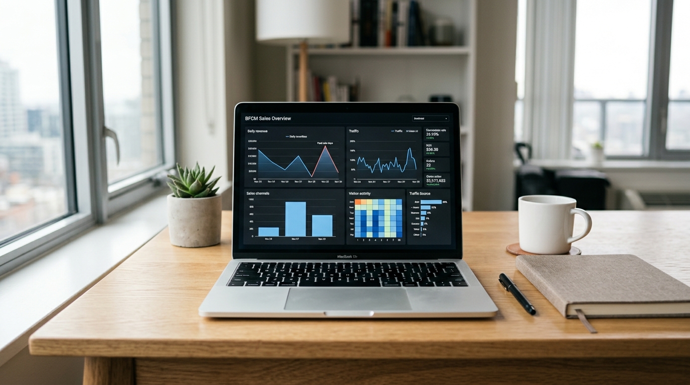 Shopify BFCM store prep checklist 2026 — ecommerce dashboard with holiday campaign metrics