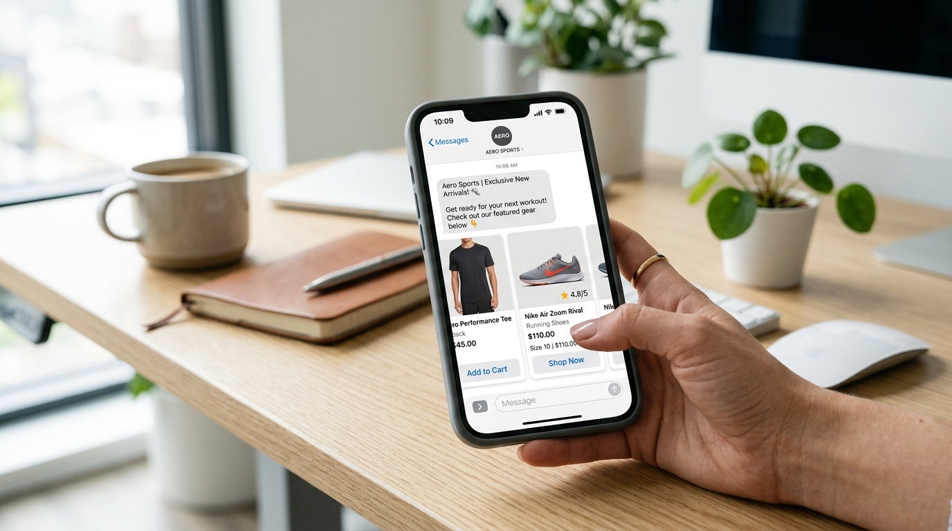Klaviyo SMS product feeds with RCS carousels showing product images and pricing on a smartphone