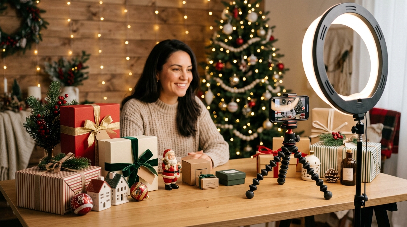 Whatnot holiday selling strategy Q4 2026 — live selling show setup with festive product displays and ring light