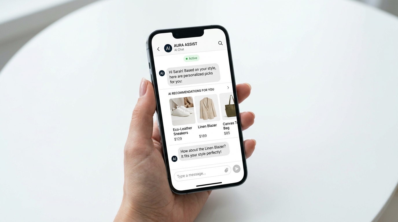 Shopify Inbox AI chat interface converting ecommerce conversations into sales on a mobile device