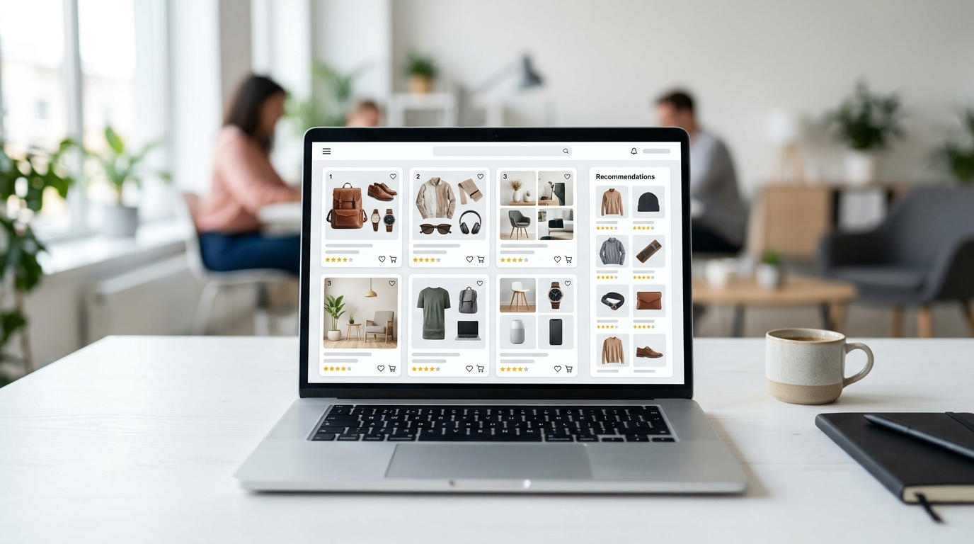 AI shopping assistant interface on a laptop showing product recommendations for ecommerce with agentic AI automation