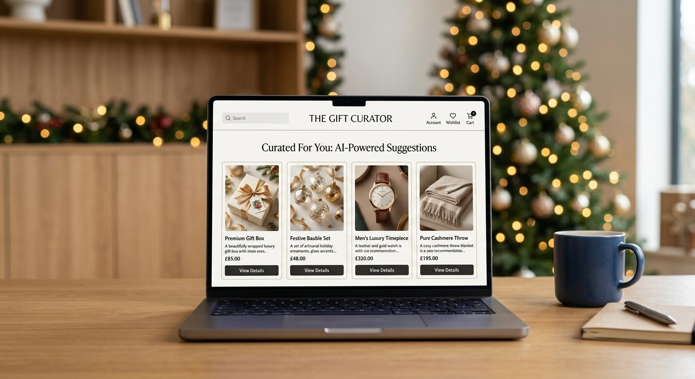 AI-powered gift recommendation interface on a laptop showing personalized holiday product suggestions for ecommerce