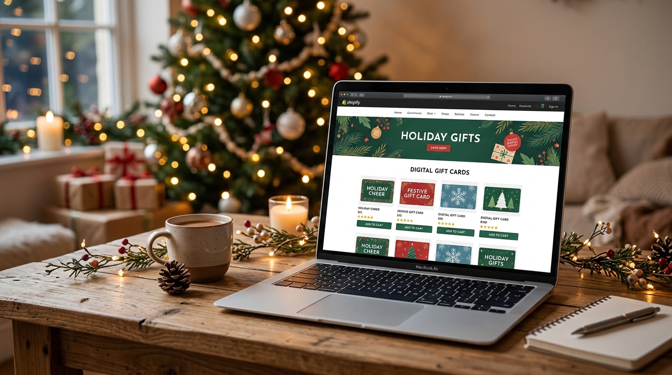 Shopify gift cards displayed on a laptop screen with holiday shopping context for BFCM 2026
