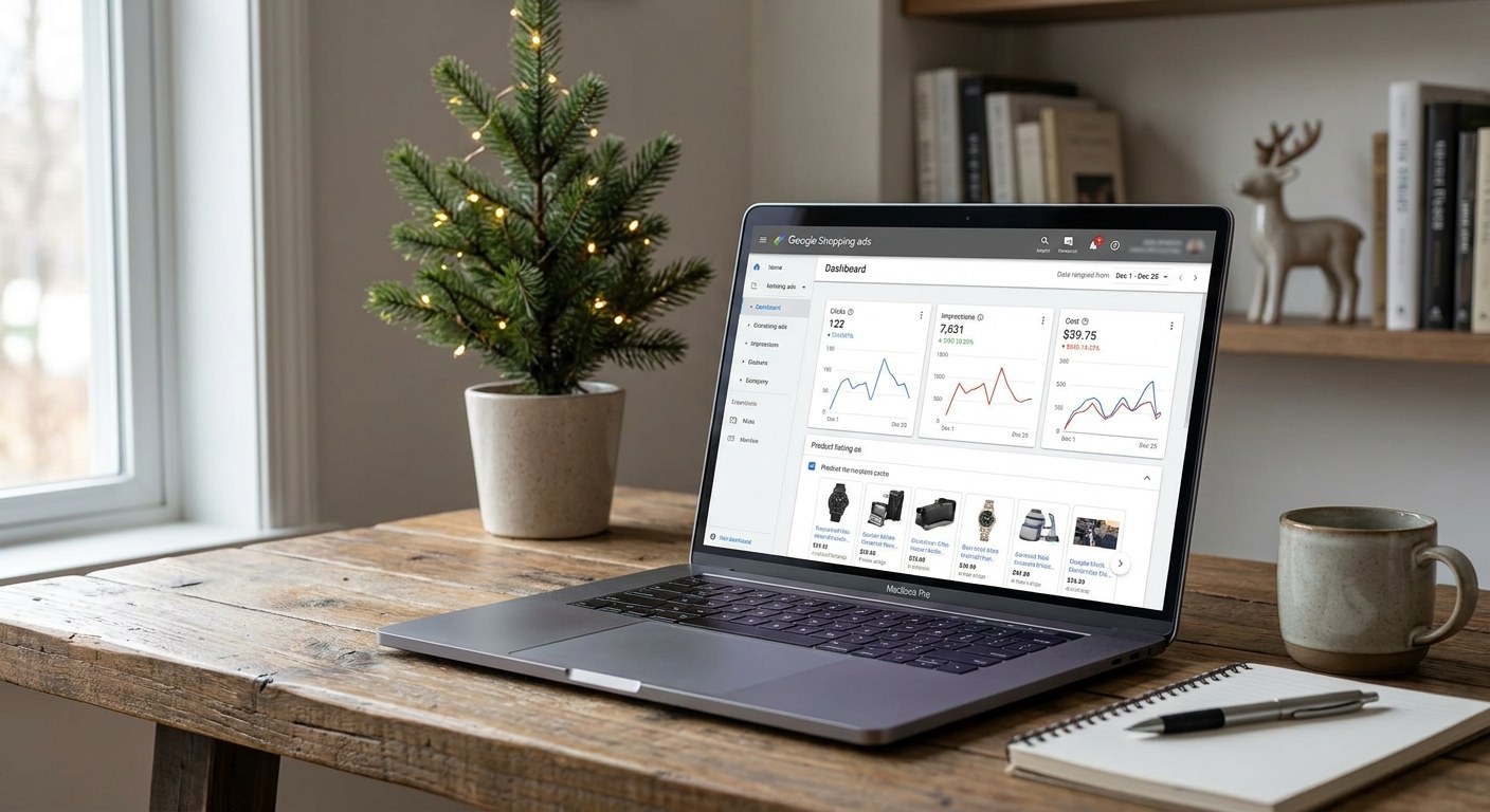 Google Shopping ads dashboard showing holiday campaign performance and ROAS metrics for ecommerce