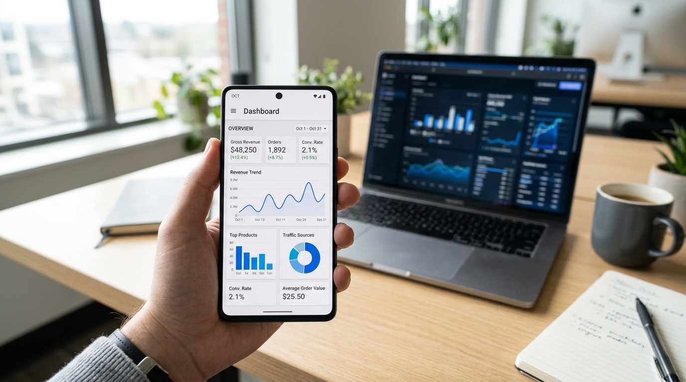 Ecommerce app analytics dashboard showing KPIs and mobile revenue metrics on a smartphone