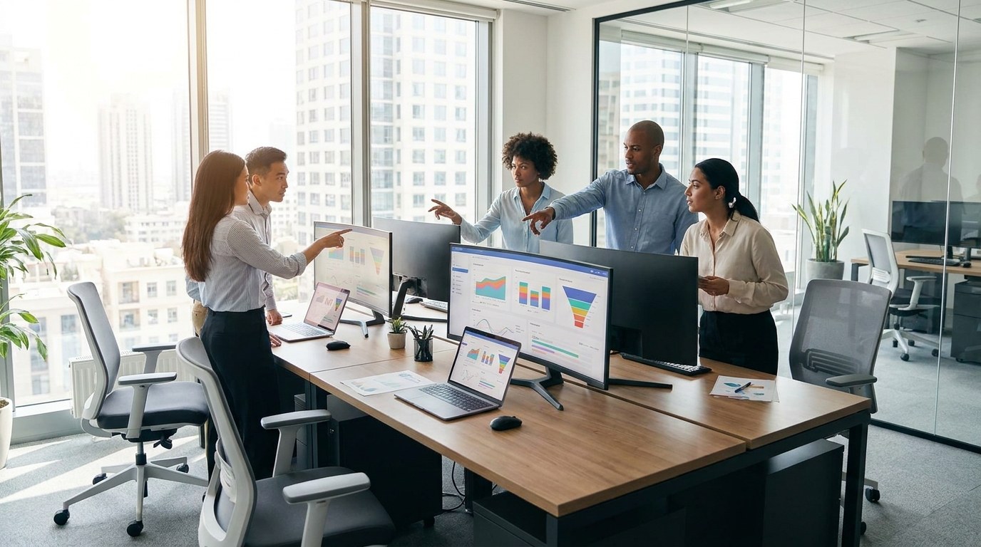 AI-powered conversion rate optimization dashboard on a laptop in a modern ecommerce workspace