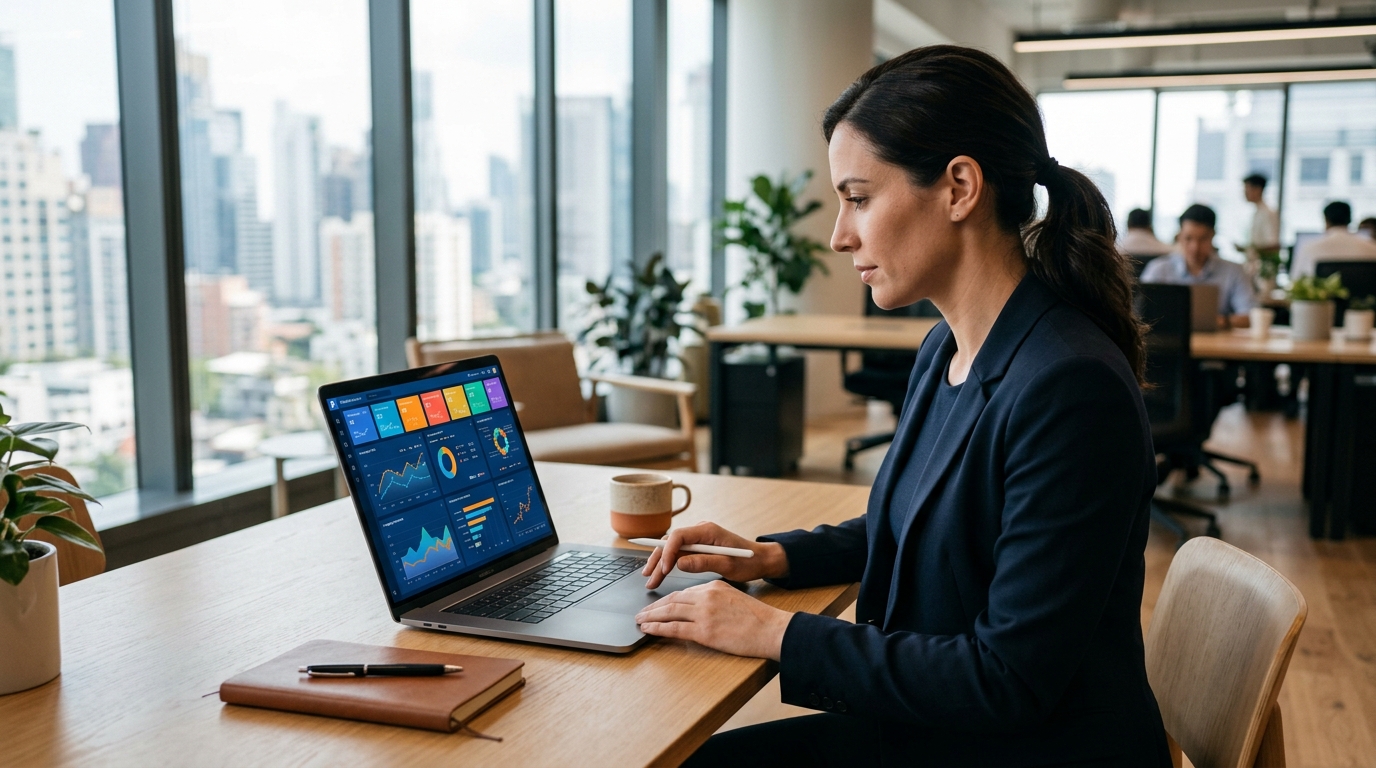Marketing professional reviewing Meta Ads placement controls dashboard on a laptop in a modern office