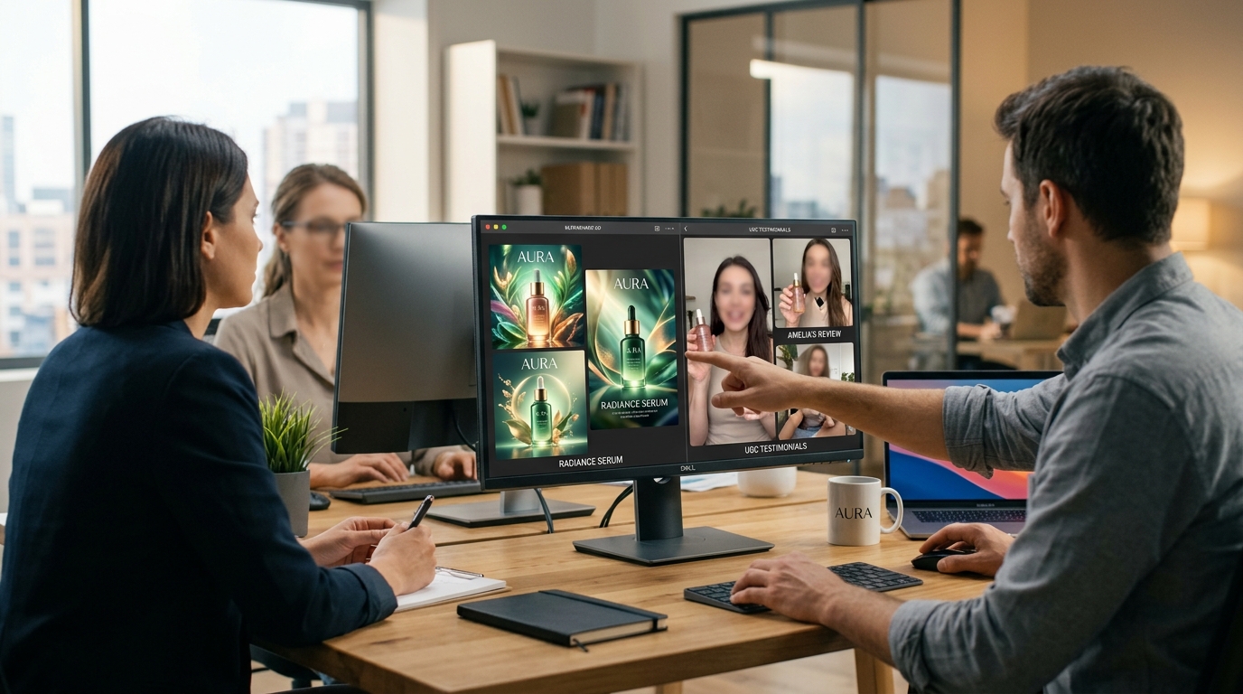 AI creative vs UGC ecommerce ads comparison — marketing screens displaying ad campaign performance for BFCM