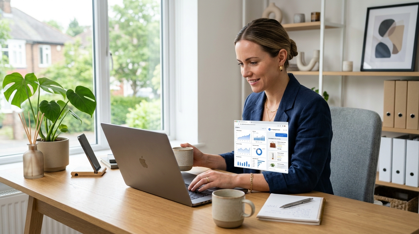 Shopify store dashboard on laptop with AI shopping assistant chat interface visible on phone screen — optimize shopify store ai shopping assistants