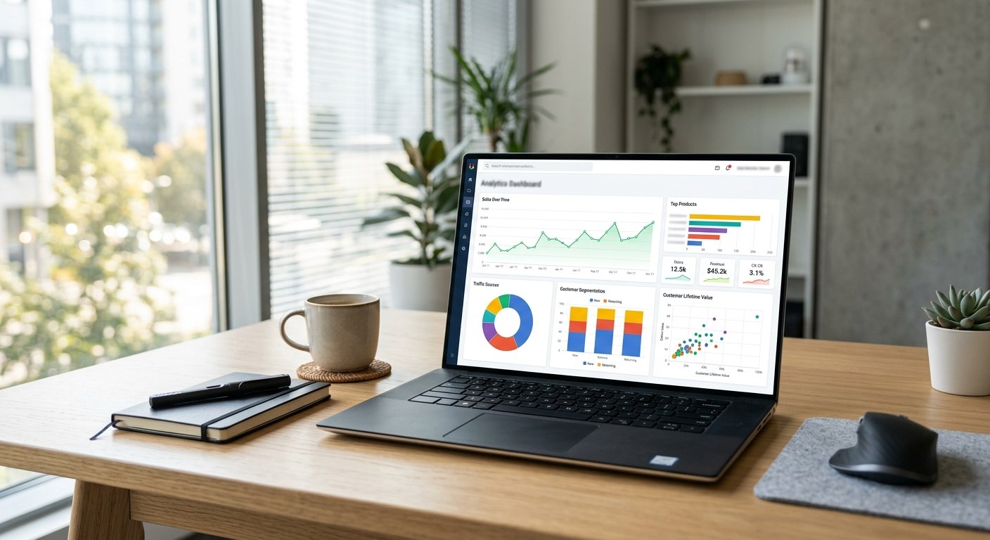 Ecommerce brand team reviewing first-party data strategy dashboards and customer segmentation charts on laptop
